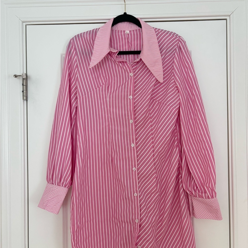 Pink & White Striped Button-Up Shirt Dress